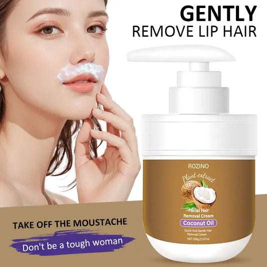 ROZINO Coconut Oil Hair Removal Cream | Gentle & Painless Depilatory for Face, Lips, Arms & Legs | 100g